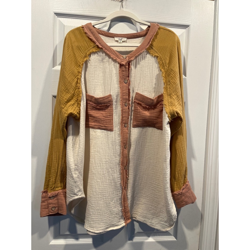 Easel Los Angeles Colorblock Double Gauze Cotton Button Down Top Large Boho